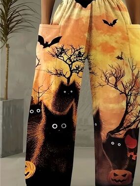 Halloween Cat Print Wide-Leg Pants - Orange